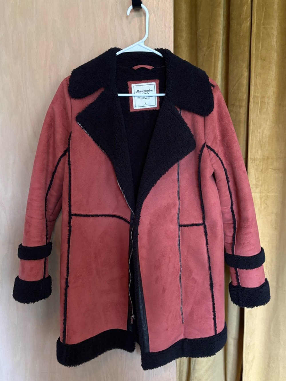 Abercrombie & Fitch Rust Teddy Shearling Jacket with Black Trim